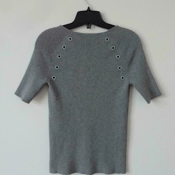 New AKRIS Grey Round Neck Short Sleeve Cotton Knit Top 10 w/ Rib Eyelet Detail - Picture 7 of 7